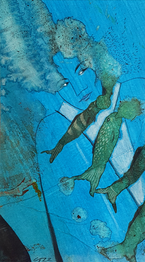 Gudrun Trendafilov, Fische, 2022, Mischtechnik, Collage