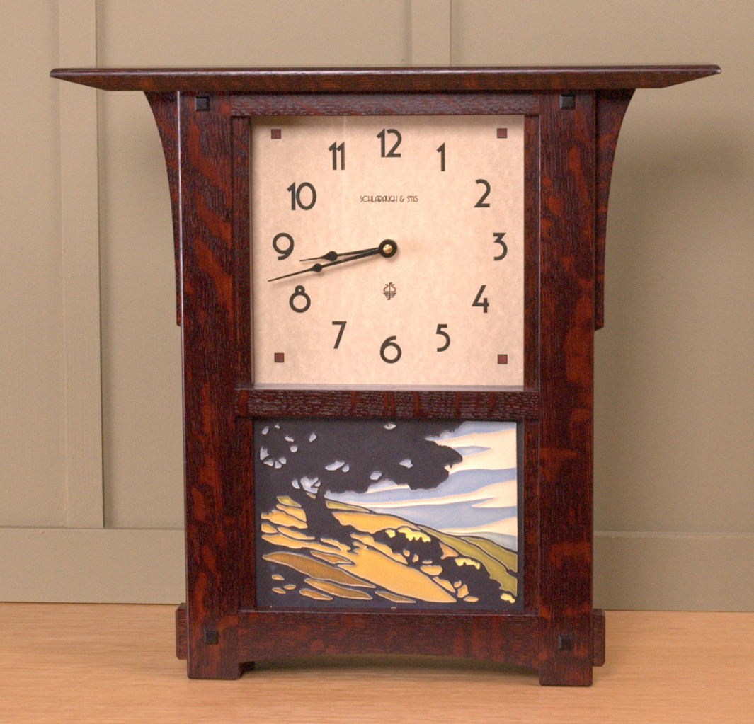 Arts and Crafts Tile Wall or Mantel Clock w/Craftsman Oak Finish & 8x6