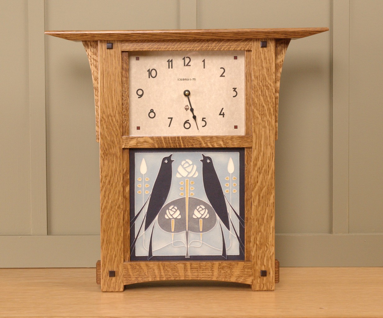 Arts and Crafts Tile Wall or Mantel Clock with Nut Brown Oak Finish and