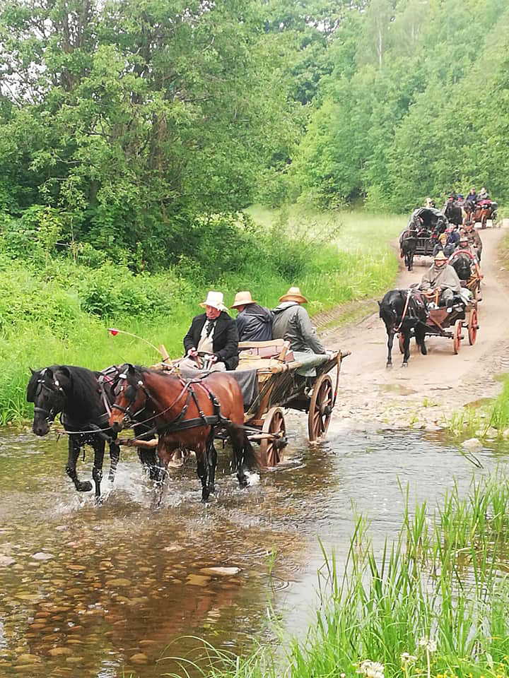 Žemaitukai traukia vežimus per brastą