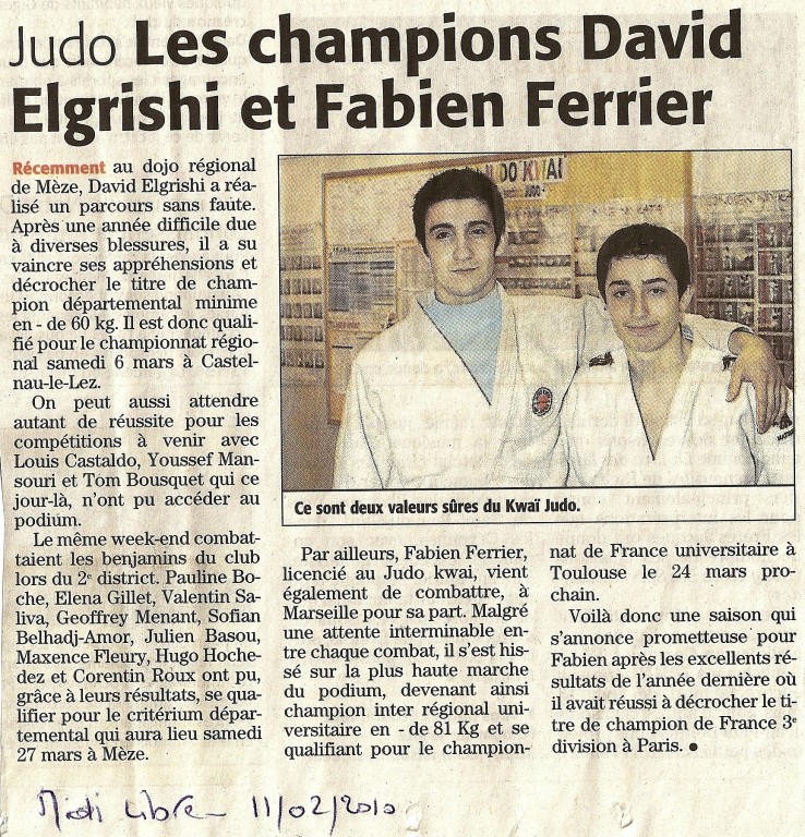 11 Février 2010 (Midi Libre): Les Champions David Elgrishi et Fabien Ferrier