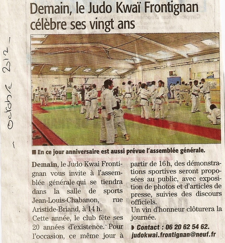 Octobre 2012 (Midi Libre): Le Judo Kwaï Frontignan célèbre ses vingt ans