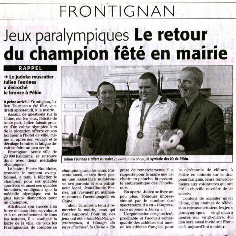 21 Septembre 2008 (Midi Libre): Julien Taurines, Réception en Mairie de Frontignan