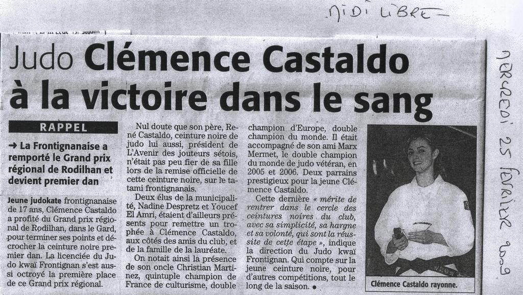 25 Février 2009 (Midi Libre): 1er Dan Clémence Castaldo