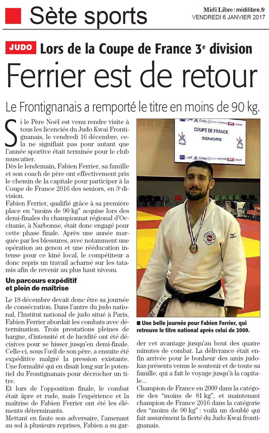 06 Janvier 2017 (Midi Libre): Fabien Ferrier, vainqueur de la Coupe de France