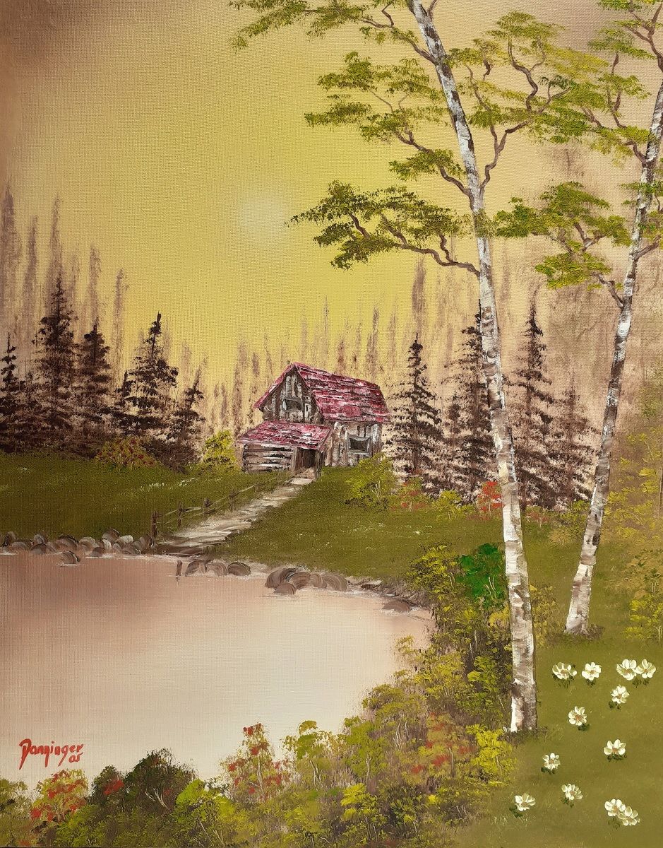 Landschaftsbild gemalt: Titel Florida Haus am See