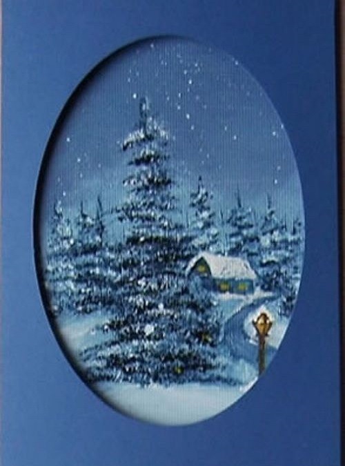 Weihnachtskarte mit originalem Ölbild "Einfahrt zum Ort", Wintermotiv in Passepartoutkarte