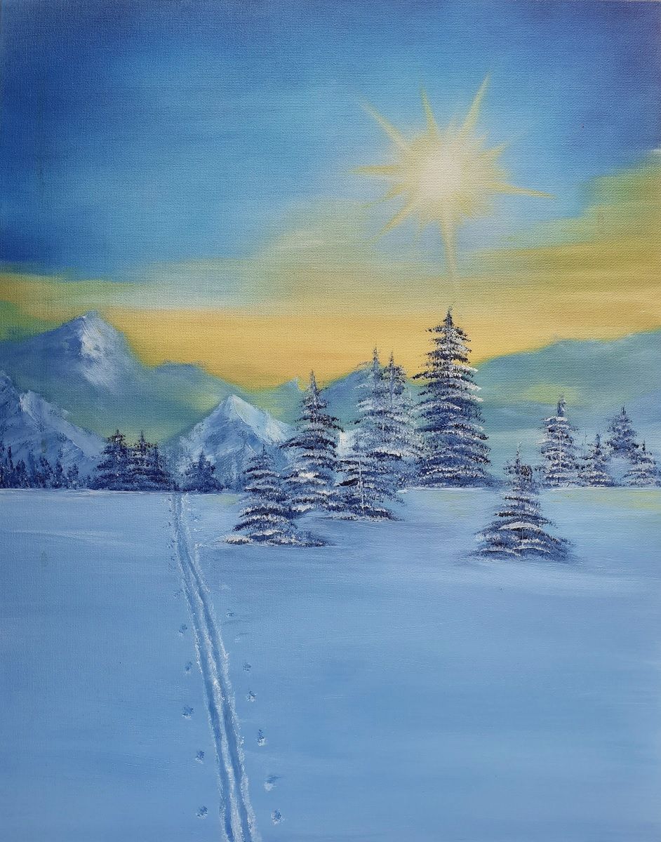 Landschaftsbild gemalt: Titel Winterlandschaft Spuren im Schnee