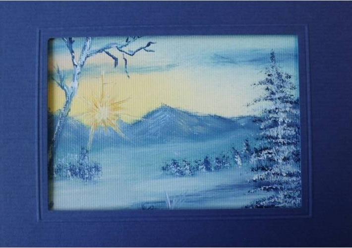 Sonnenaufgang, Grußkarte mit Ölbild, Winterlandschaft in Passepartoutkarte