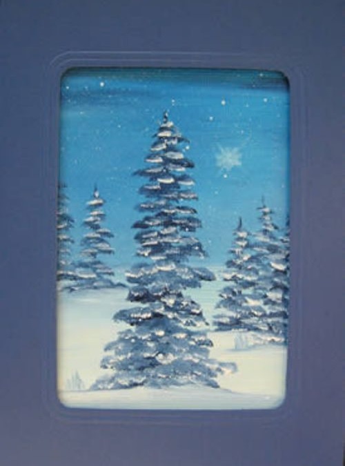 Außergewöhnliche Weihnachtskarte gemalt - original Ölbild "Winterlandschaft mit Stern", Wintermotiv in Passepartoutkarte