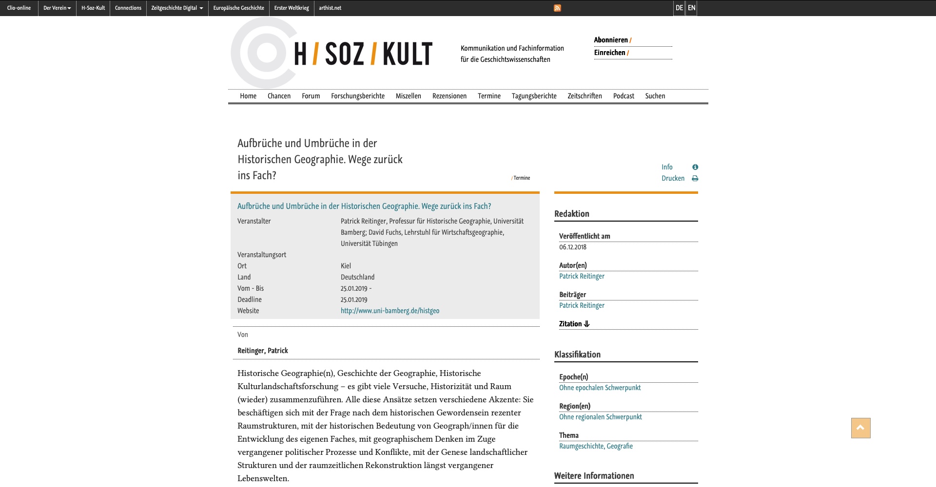 Aufbrüche und Umbrüche in der Historischen Geographie. Wege zurück ins Fach?