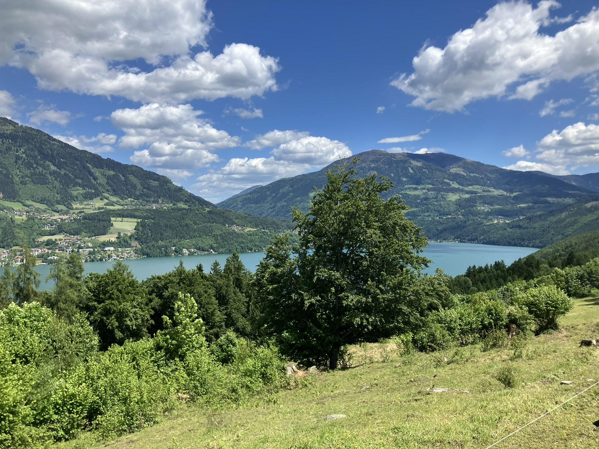 Bikepacking auf der Tour durch Kärnten, Österreich – Panorama über den Millstätter See mit bewaldeten Hängen und Alpenkulisse, Höhenweg, klare Fernsicht.