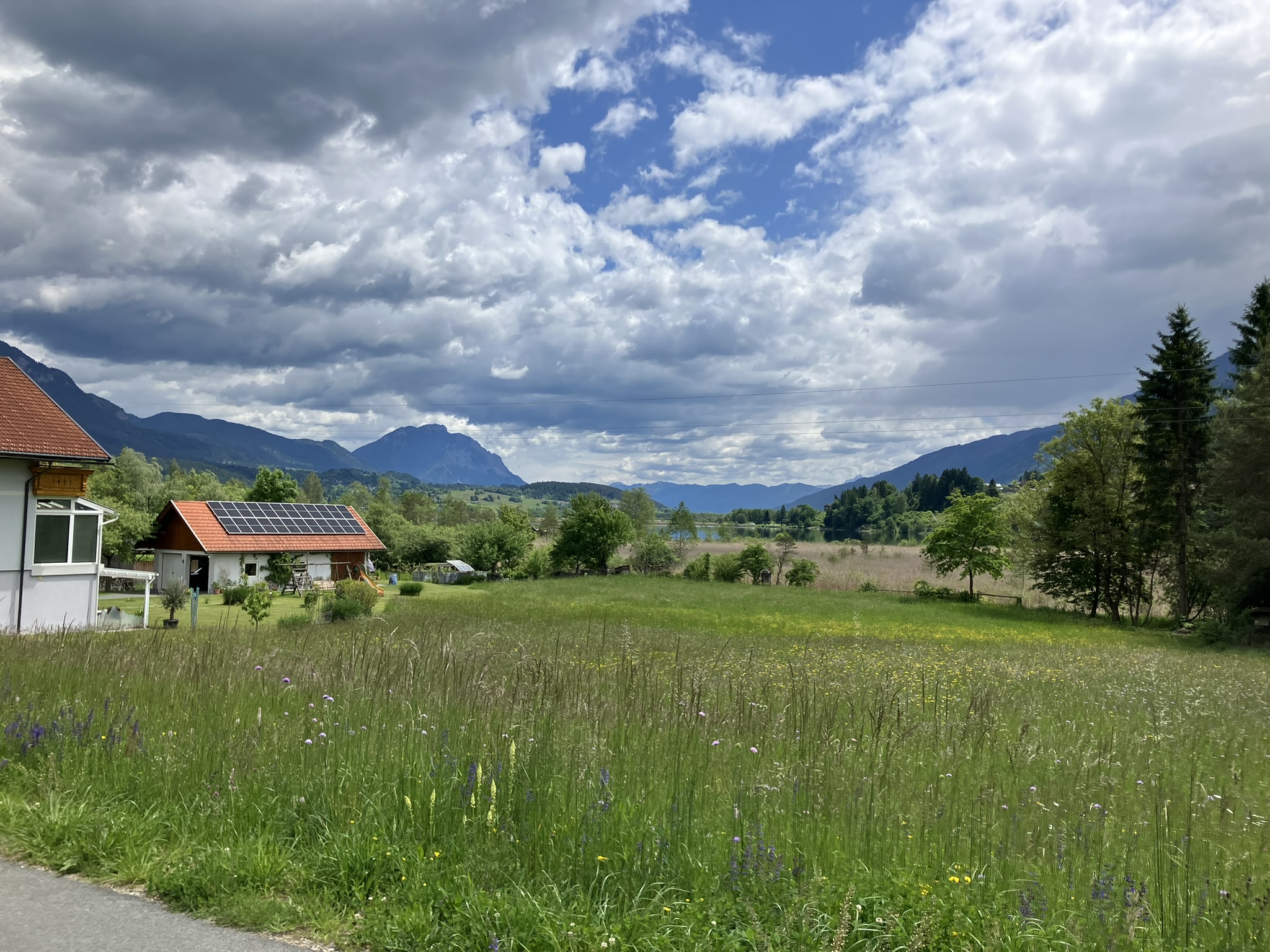 Bikepacking auf der Tour durch Kärnten, Österreich – Wiesenlandschaft mit Bauernhaus und Pressegger See im Hintergrund, Asphaltweg, alpines Panorama unter Wolkenhimmel.