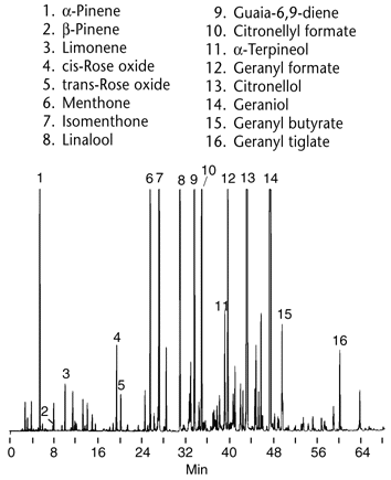 Chromatogramme d'une essence de géranium (CPV)