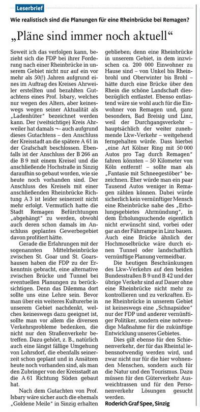 Leserbrief von Roderich Graf Spee zur Rheinbrücke bei Remagen in der Rheinzeitung