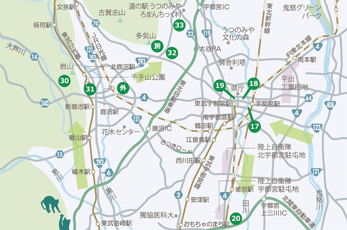 下野三十三観音札所マップ　宇都宮市から県南へ、鹿沼市ルート