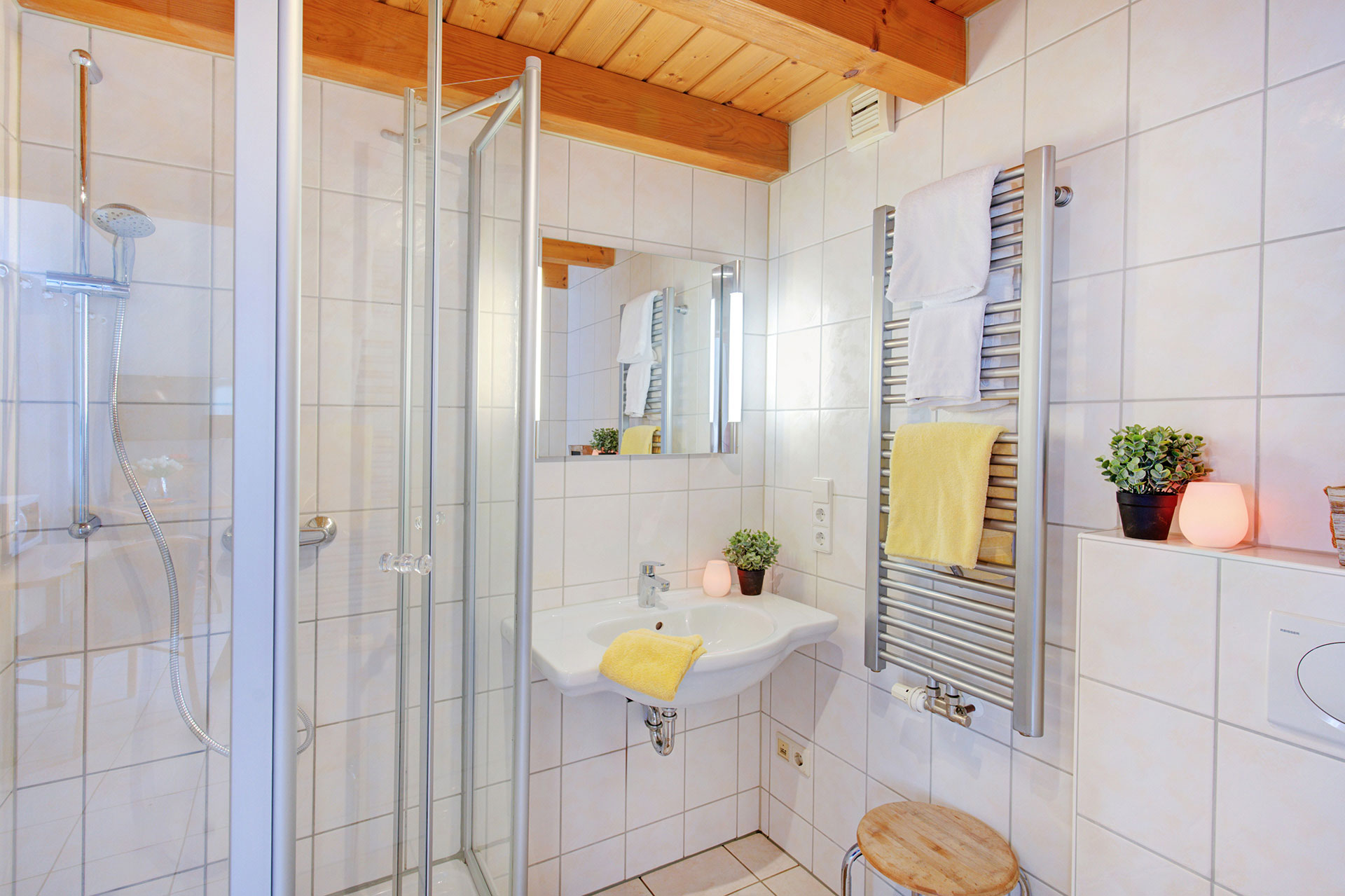 Badezimmer mit Dusche, Waschbecken und Stangenheizung