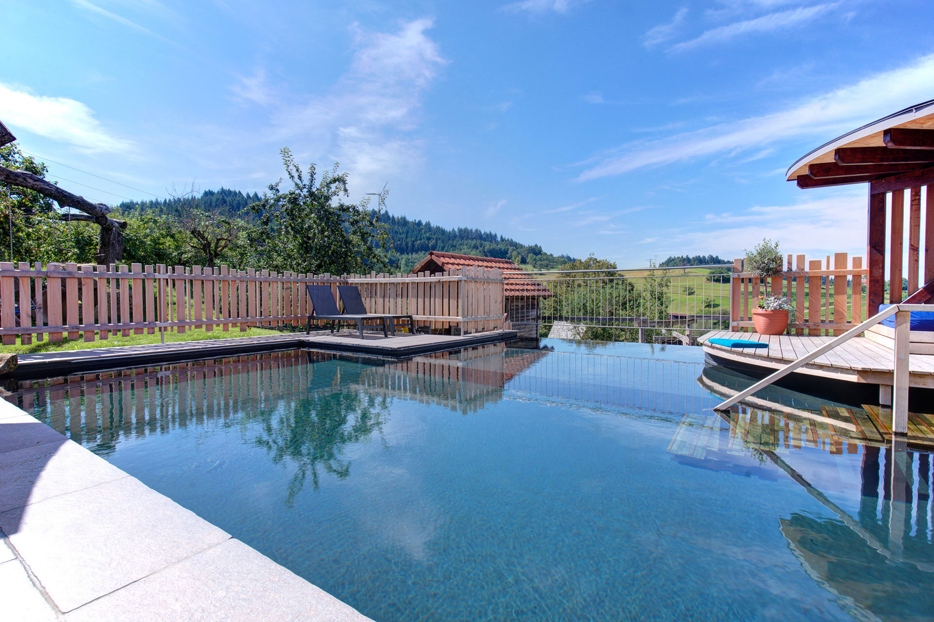 familienfreundlicher natur swimming pool mit blick auf Schwarzwaldhügel beim ferienhof - vom airbnb fotograf