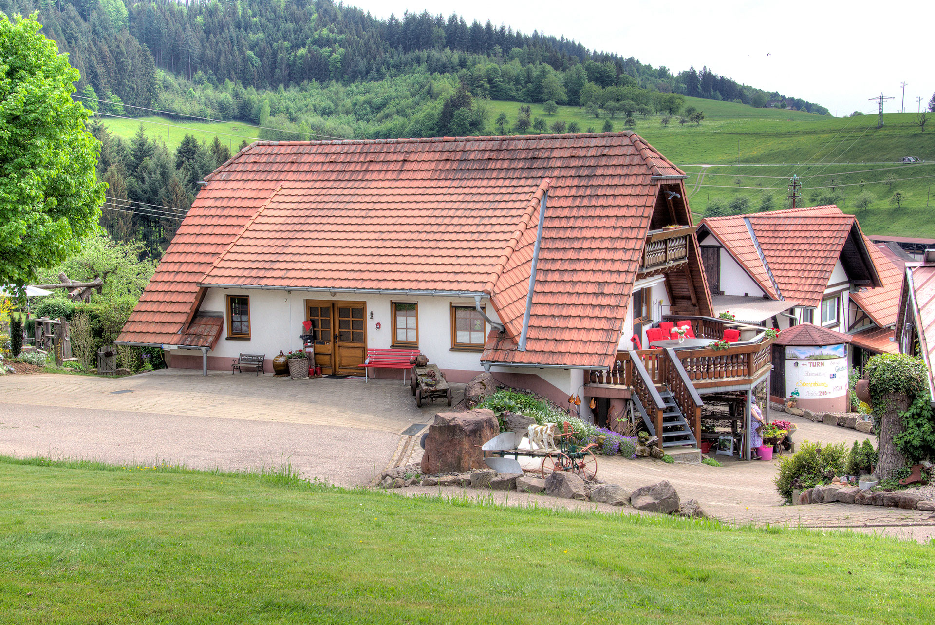 ferienhaus mit saftiger grüner wiese im Vordergrund