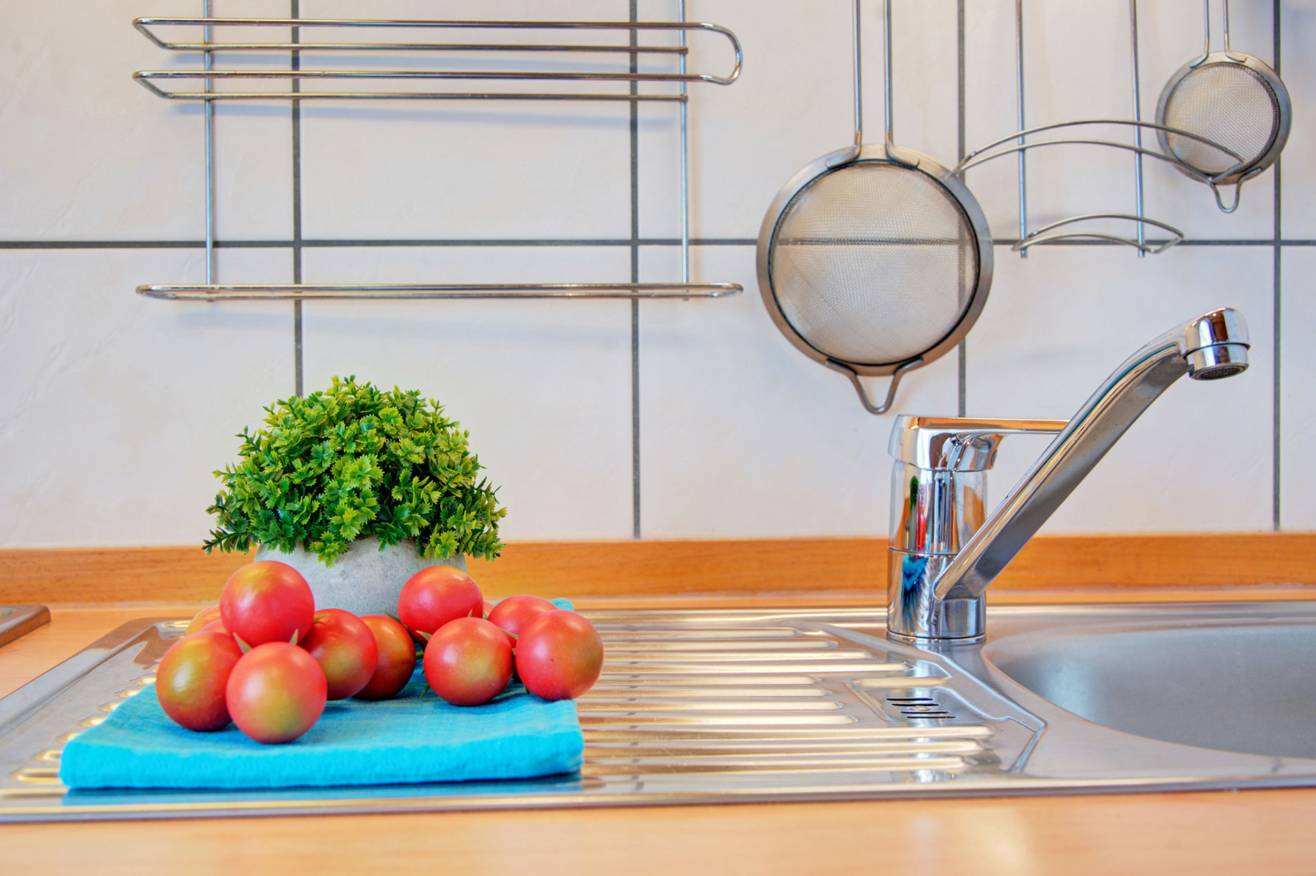 küchenspüle mit türkisem handtuch, tomaten und grünpflanze - vom fotograf für ferienwohnungen