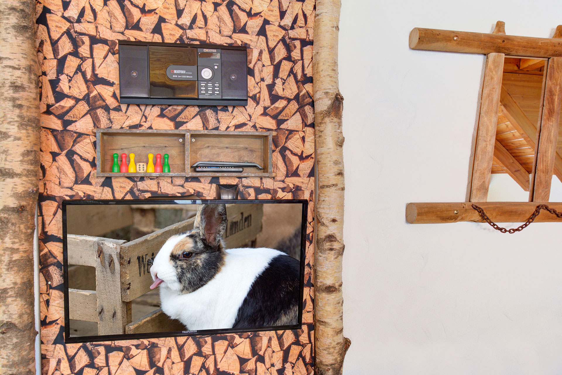 Stilvolles Ferienwohnungs-Setting: Black-Panel TV mit Hasenmotiv vor Holzfront und Spielregal - mit Bildbearbeitung