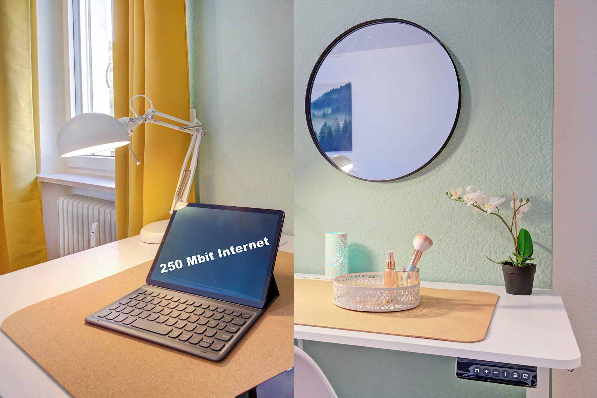 collage aus tablet mit internetgeschwindigkeit und freundliche beautyecke