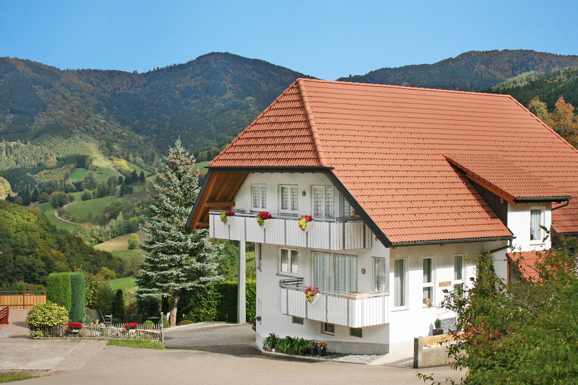 Traditionelles Schwarzwaldhaus, hell bearbeitet, blauer Himmel, keine Stromleitungen - nachher