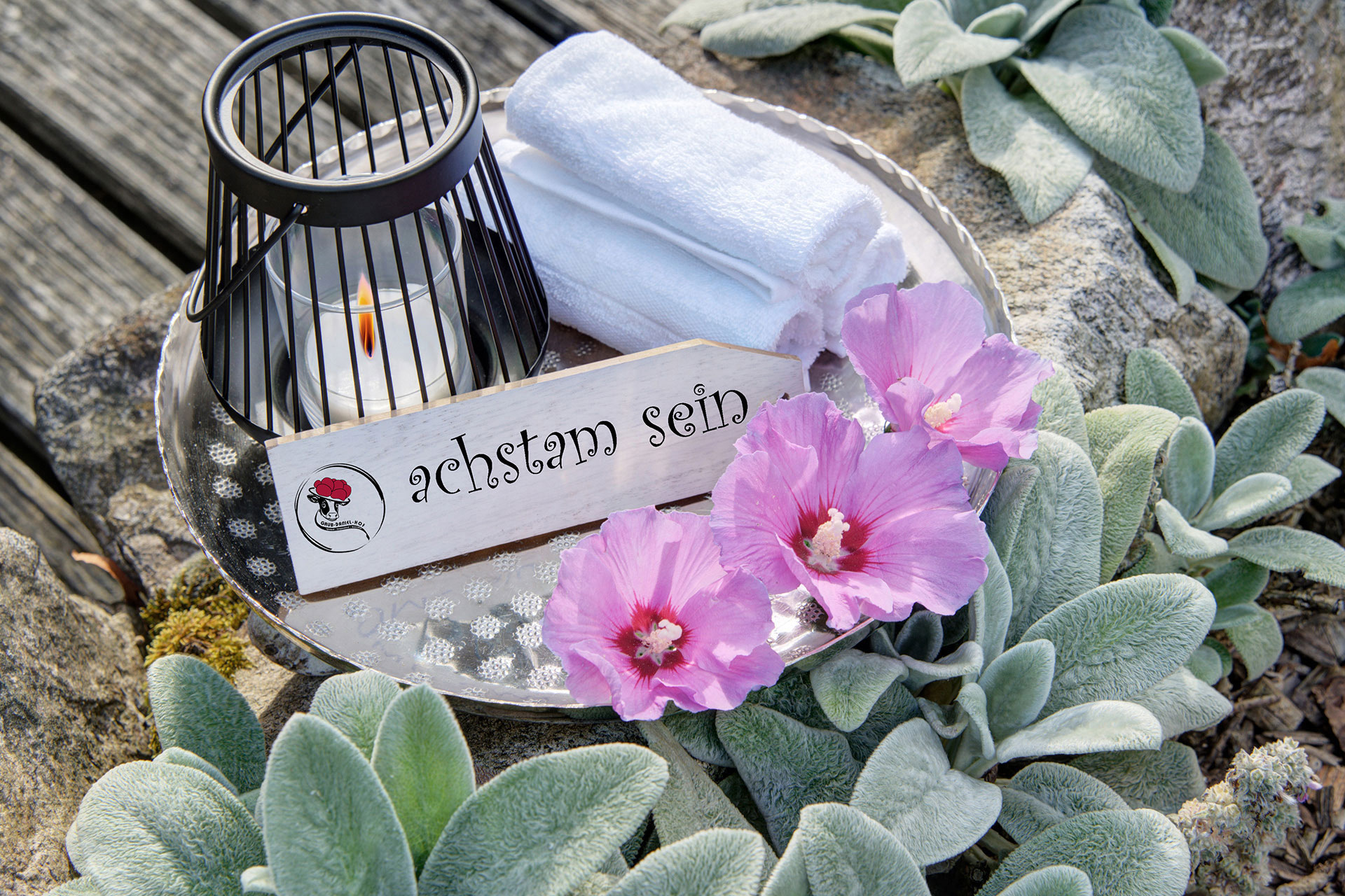 Kreation von Ferienhaus Foto aus Schild hibiskus und salbei sowie teelicht im Garten von Grub-Daniel-Hof