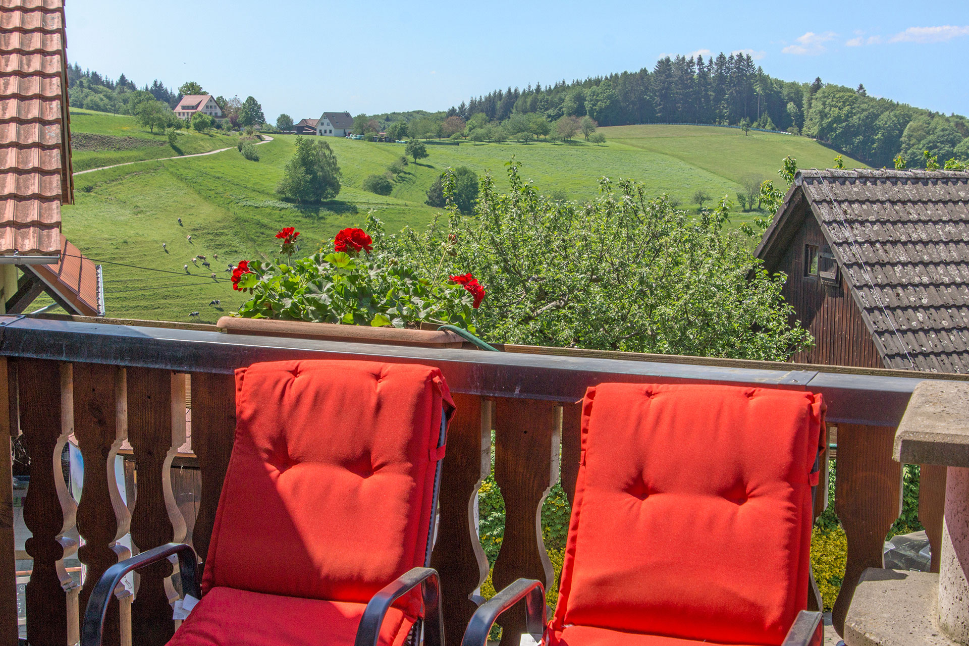 ferienhof foto zwei rote gartenstühle mit landschaft