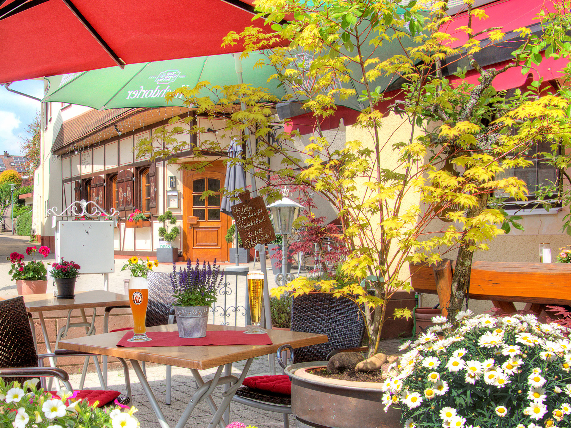 hotelfoto biergarten mit weitblick auf tisch mit zwei frisch gezapten bieren sowie lavendeltoepfchen und blick zur benachbarten kneipe 