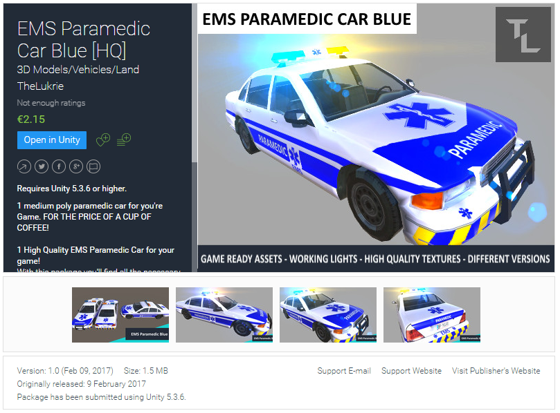 TheLukrie Unity Asset Pack, EMS Paramedic Car Blue, Unity3D