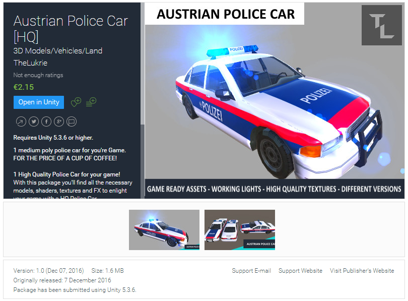 TheLukrie Unity Asset Pack, Austrian Police Car, Unity3D