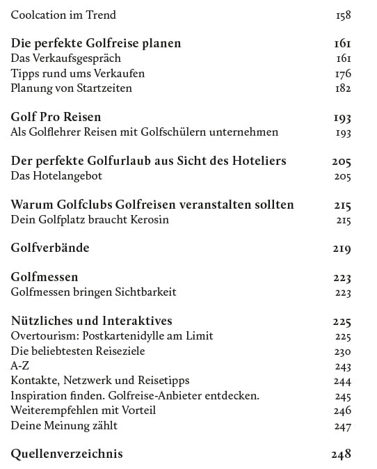 Inhaltsverzeichnis des Buchs "Golftourismus - Dein Guide für Golfreisen" Teil 2