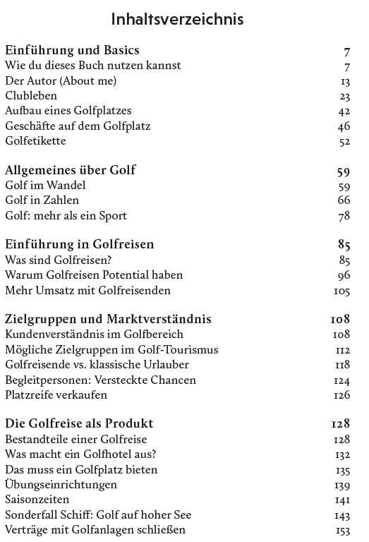 Inhaltsverzeichnis des Buchs "Golftourismus - Dein Guide für Golfreisen"