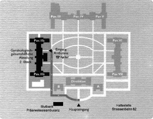 Lageplan Krankenhaus Hietzing. Abteilung für Gynäkologie & Geburtshilfe im Pavillon II