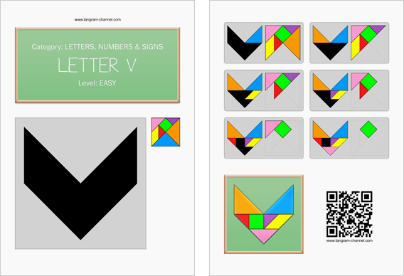 Tangram worksheet 129 : Letter V - This worksheet is available for free download at http://www.tangram-channel.com