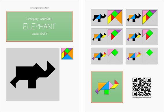 Tangram worksheet 270 : Elephant - This worksheet is available for free download at http://www.tangram-channel.com