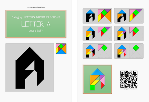 Tangram worksheet 110 : Letter A - This worksheet is available for free download at http://www.tangram-channel.com