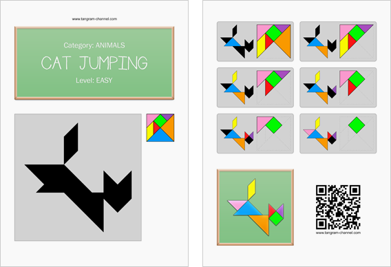 Tangram worksheet 90 : Cat jumping - This worksheet is available for free download at http://www.tangram-channel.com