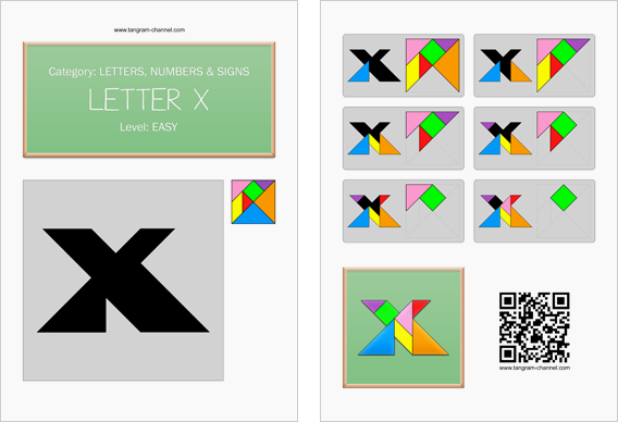 Tangram worksheet 119 : Letter X - This worksheet is available for free download at http://www.tangram-channel.com