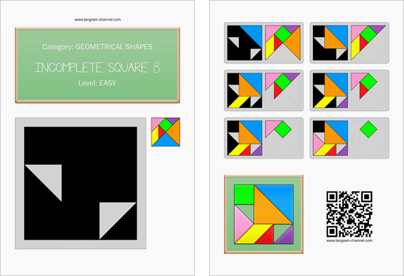 Tangram worksheet 184 : Incomplete square 8 - This worksheet is available for free download at http://www.tangram-channel.com