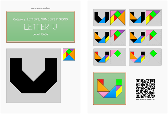 Tangram worksheet 128 : Letter U - This worksheet is available for free download at http://www.tangram-channel.com