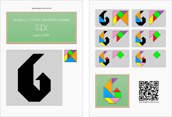 Tangram worksheet 107 : Six - This worksheet is available for free download at http://www.tangram-channel.com