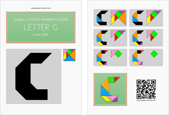 Tangram worksheet 111 : Letter C - This worksheet is available for free download at http://www.tangram-channel.com