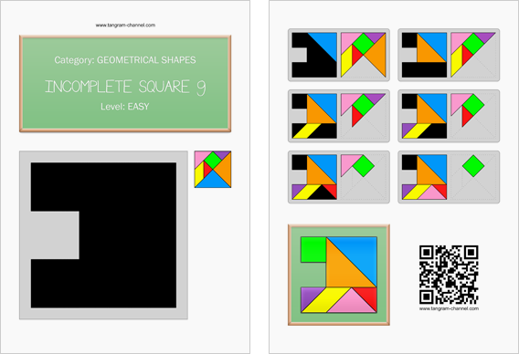 Tangram worksheet 196 : Incomplete square 9 - This worksheet is available for free download at http://www.tangram-channel.com