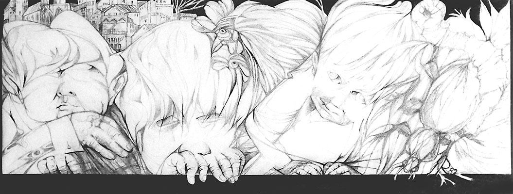 Zeichnung, "Les Enfants", Tusche / Kreide auf Papyrus, 275 x 110 cm