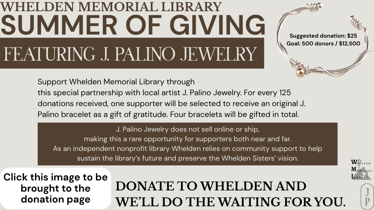 Promotional graphic for Whelden Memorial Library's "Summer of Giving" fundraiser featuring a partnership with local artist J. Palino Jewelry. The design has a cream-colored background with brown and green accents. A photograph of a silver twisted-wire bra