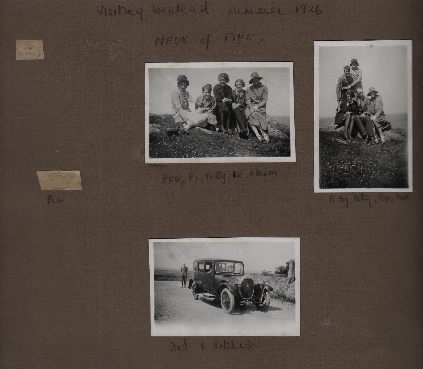 Visiting weekend Summer 1926 Neuk of Fife: Peg, Pi, Betty, Ke and Mum; Pi, Peg Betty, Pop, Mum; Dad and Hotchkiss