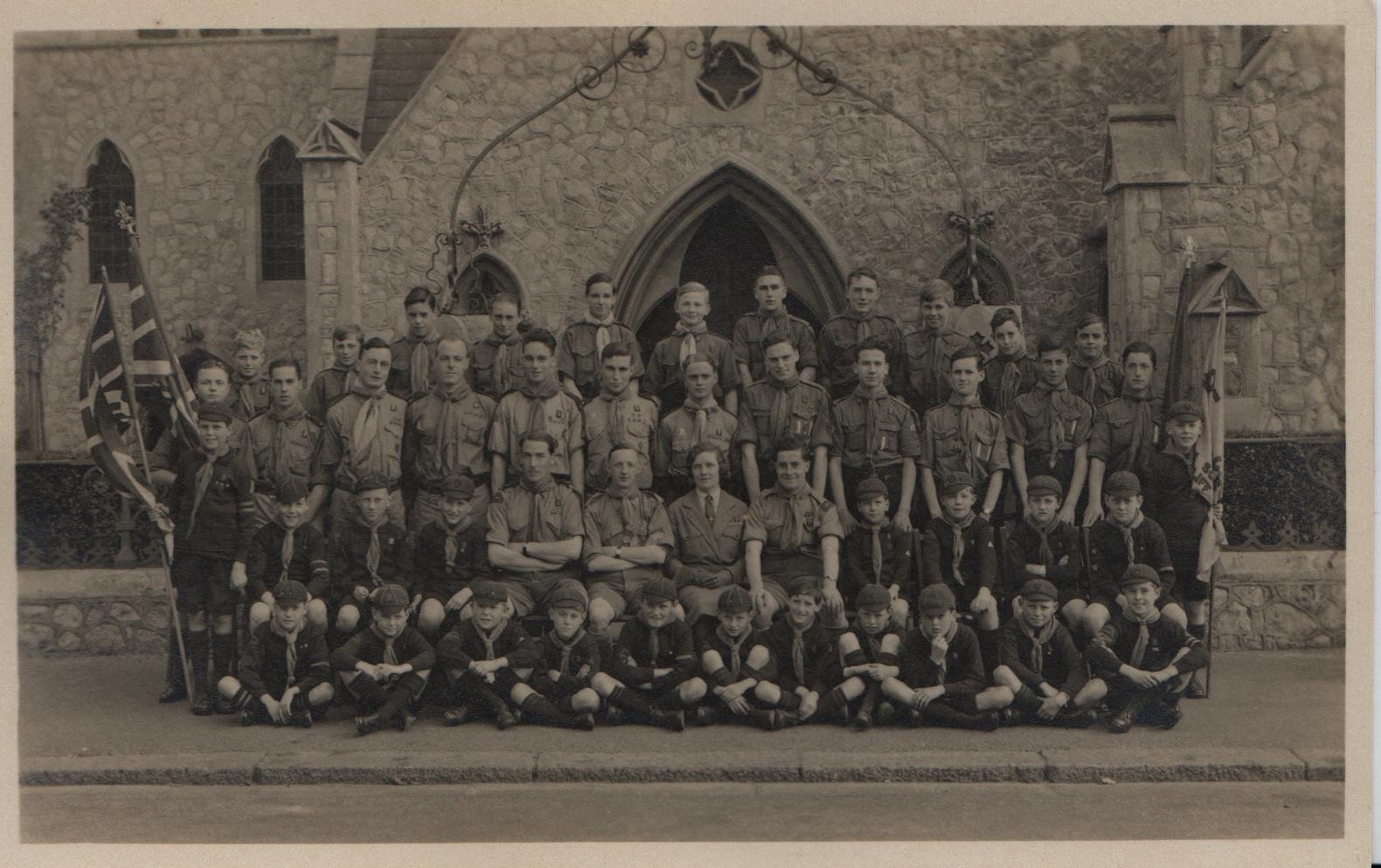 circa 1930: Cliftown Congregational Church, Southend-on-Sea: cubs and scouts. David second from left, second row