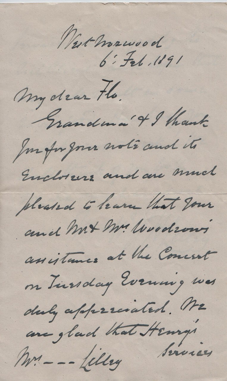 1891 February 6th JHL to Flo (grandson's wife)